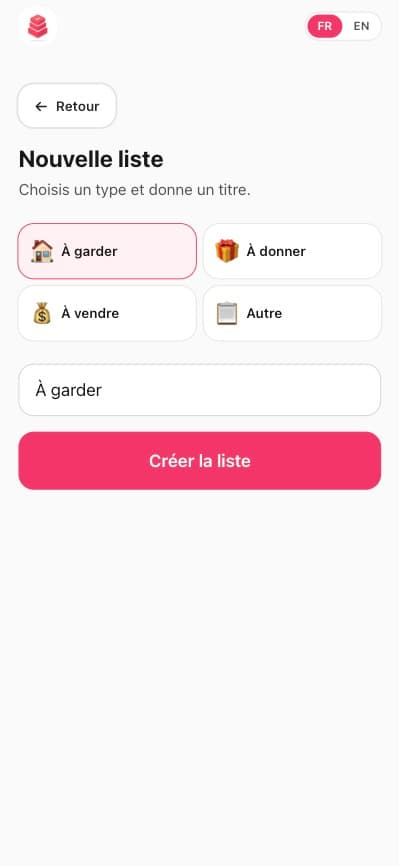 Écran de création d’une nouvelle liste