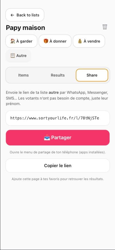Écran de partage du lien public de la liste