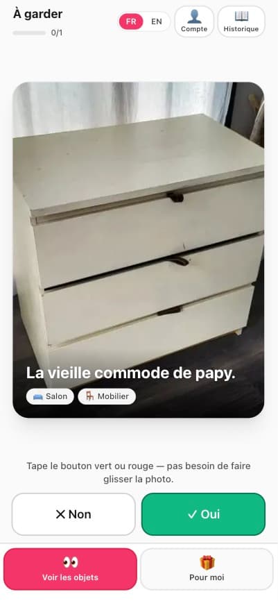 Vote sur un objet : boutons Oui et Non façon Tinder